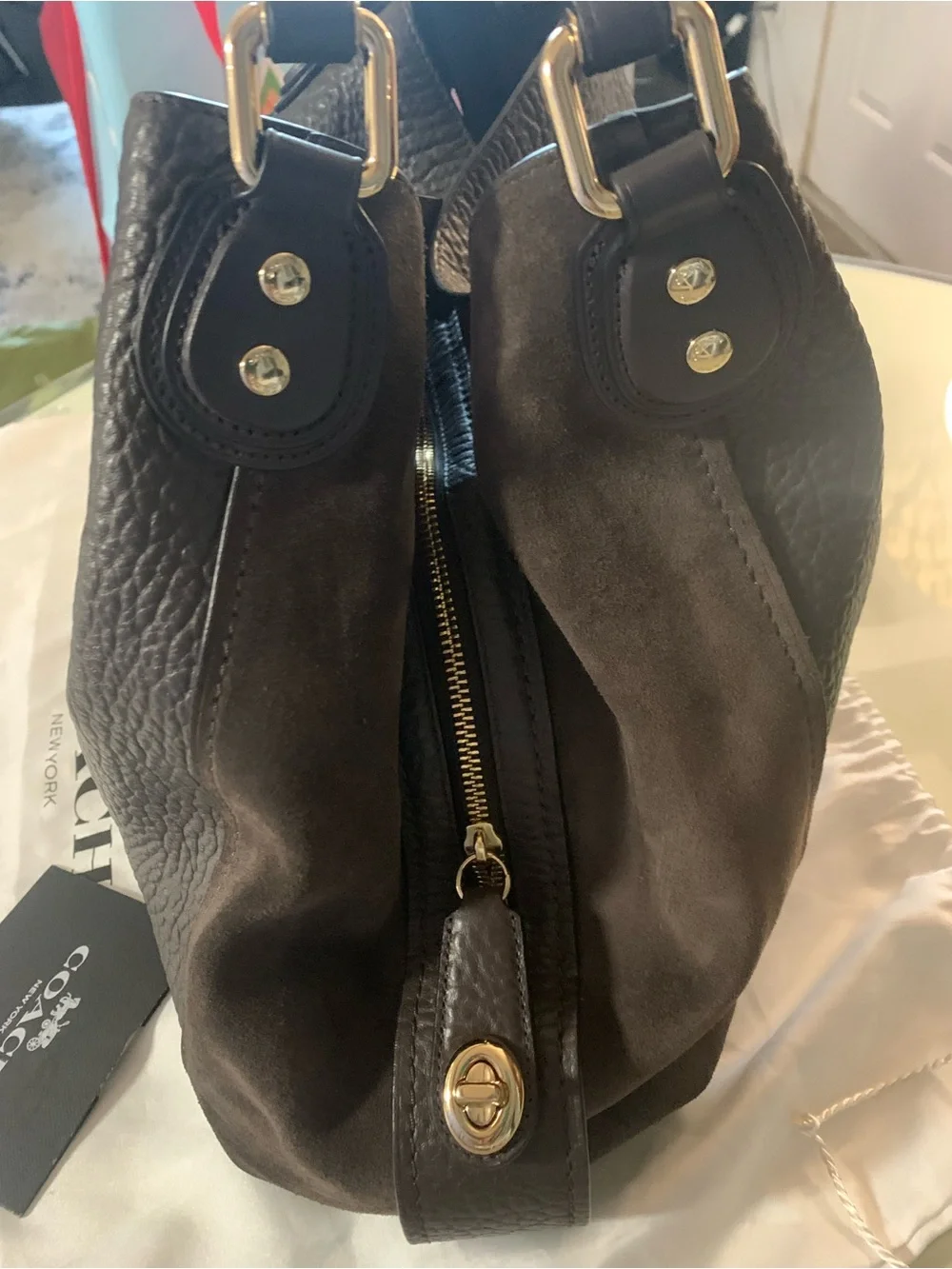 Coach Edie Shoulder Bag in Chestnut and Light Gold EUC.